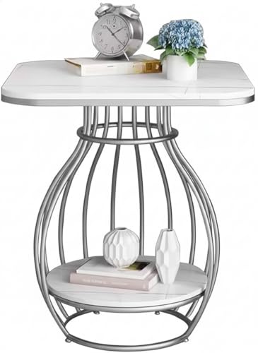 Image of Modern Side Table Corners Living Room Square Table Double Tier Sofa Side Table,Round Base Coffee Table,Portable Bedroom Nightstands Small Space (Gry White)
