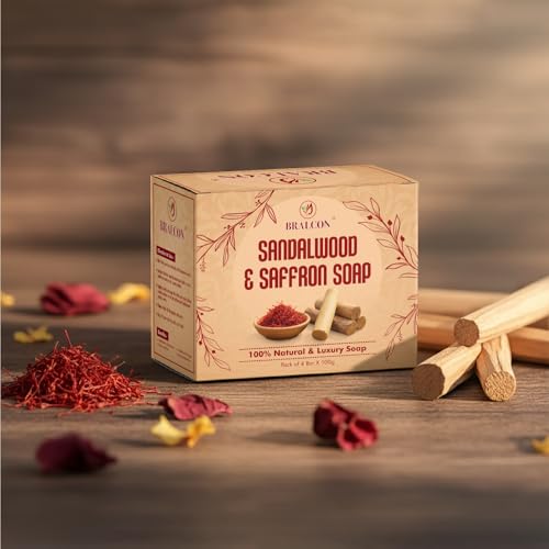 Image of BRALCON Sandalwood and Saffron Natural Luxury Soap, 100g Bars, Pack of 4, 100% Natural Ingredients