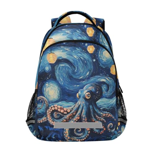 Van Gogh Octopus Lamp Starry Night School Backpack for Girls Boys Elementary Middle School Book Bag Teens Kids Casual Travel Daypack Student Knapsack