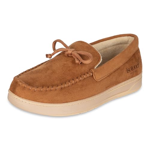 Image of Isotoner Men's Slip-On Indoor /Outdoor Essential Microsuede Boater Moccasin with Memory Foam Comfort Slipper, Cognac, Large