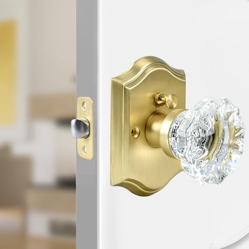 Crystal Door Knobs, Satin Brass Glass Door Knobs Interior Rose Shape with Lock Privacy Function, Vintage Antique for Bedroom Bathroom