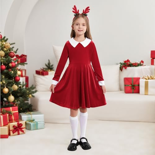 Weixinbuy Girls Velvet Dress Peter Pan Collar Long Sleeve Vintage Twirl Dresses,Kids Halloween Xmas Fall Winter Party Clothes4