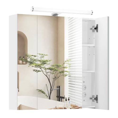 EUGAD Mobile da Bagno, Mobiletto da Bagno Contenitore con 3 Ante a Specchio e 1 Luce a LED, Specchio da Parete con Ripiani Regolabili e Striscia di Alimentazione, 70x16x70 cm, Bianco