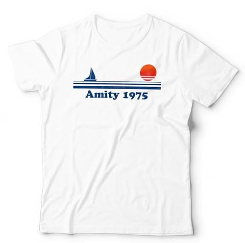 Amity 1975 Unisex T-Shirt | Retro Shark Attack Tee - M White