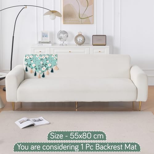 Image of HOKIPO Premium Sofa Backrest Cover Mat | Printed Holland Velvet with Tassels | 'Whispers of Nature' Sage Floral Vine (IN-1116-D8)