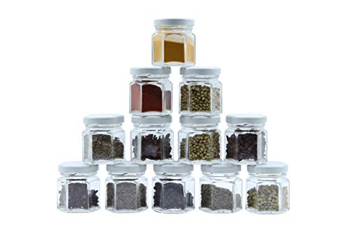 Image of Cute Hexagonal 50 Grams Airtight Glass Jar Containers for Honey, Spices & Other Kitchen Items with Rust Proof White Color Caps -Set of 12
