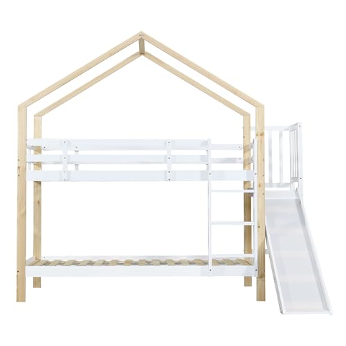 Rvjiahe Etagenbett mit Rutsche und dreistufiger Winkelaufstiegsleiter, Hausbett mit mit Absturzsicherung, Kinderbett, Bettrahmen aus Massivholz, Weiß+Natur, 90x200cm (Weiß+Natur, 90x200cm)