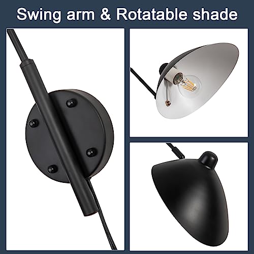 Modern Plug In Swing Arm Wall Sconce Set Of 2, Black Wall Lamp With Plug-In Cord Wall Sconces For Bedroom Living Room Readingnce, Rotatable Black Wall Lights With On/Off Cord For Bedroom, Living Room #TOP3