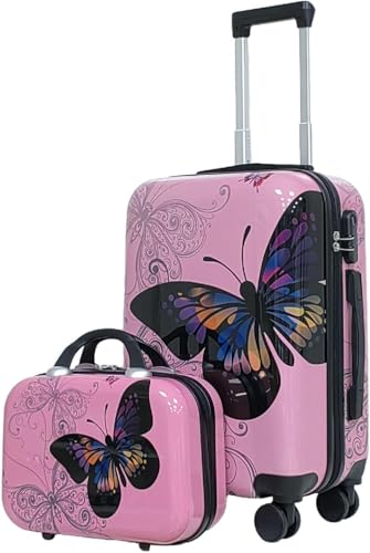 NICETRAV Pink Butterfly Carry-On Luggage, Hard Shell ABS+PC 