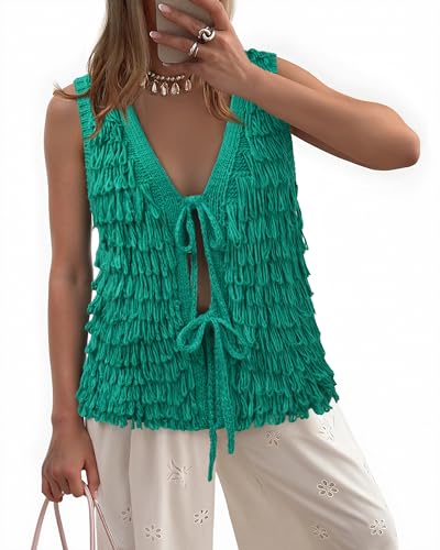 Image of Messic Fall Sweater Vest Oversized Sleeveless Sweater Tie Front Knit Tops