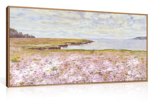 HOURIA Watercolor Pink Floral Coastal Landscape Framed Canvas Wall Art