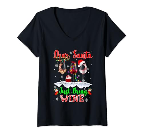 Dear Santa Just Bring Wine Leopard Luces de Navidad Camiseta Cuello V