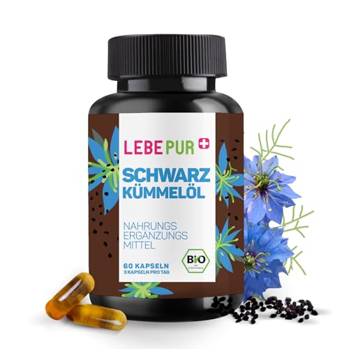 Lebepur BIO Schwarzkümmelöl Kapseln - 60 hochdosierte Kapseln mit 1500 mg Schwarzkümmelöl pro Tagesdosis - vegan, 100% BIO QUALITÄT, schonend kaltgepresst - laborgeprüft, ohne Zusätze und Vitamin E