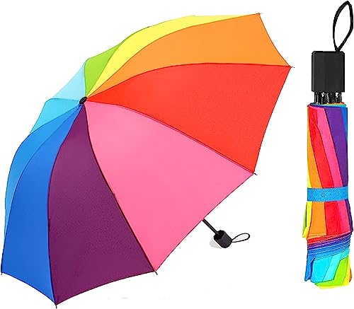 SKDFHOD Regenschirm Regenbogen, Kleiner Regenschirm, Kleiner und leichter Regenbogen, für Damen und Herren Sturmfest Windsicher Leicht Klassisch, Sonnenschutz, Faltschirm(Rainbow)