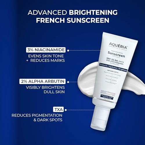 Image of Aqueria Brightening & Moisturizing Multi-Active French Sunscreen SPF 50 PA++++ | In-Vivo /In-Vitro Tested | 5% Niacinamide, 5 Ceramides & Vitamin E | Modern UV Filters | Broad Spectrum UVA /UVB & Blue Light Protection | Lightweight, No White Cast, Sweat Resistant | Suitable for Daily Use | For Normal, Dry & Sensitive Skin | Pack of 2 (30g)