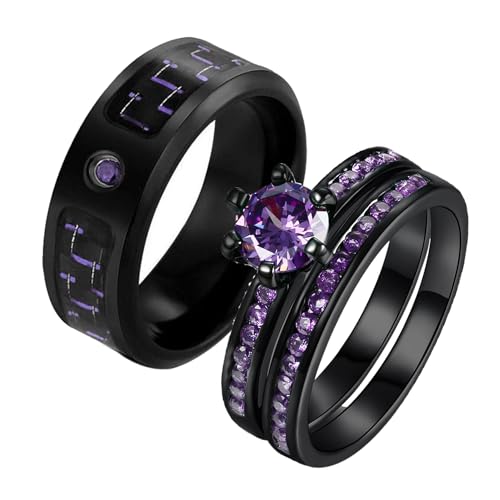 Two Rings His Hers Wedding Ring Sets Couples Matching Rings Women's 2pc Black Gold Filled Red CZ Wedding Engagement Ring Bridal Sets Men's Stainless steel Wedding Band