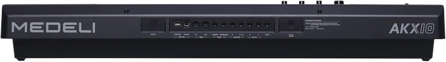 వెనుక view of the Medeli AKX10 showing various input/output ports including power, USB, and MIDI.