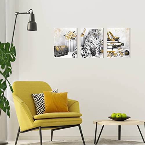 Kalormore Glam Fahion Pictures Gift For Women Bedroom Black And White Leopard With Books High Heel Shoes Perfume Canvas Prints Wall Art Decor Bathroom Decoration Ready To Hang #TOP3