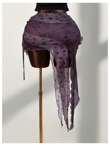 MakeMeChic Women's Mesh Floral Low Waist Skirt Asymmetrical Ruched Drawstring Layered Y2k Skirts2