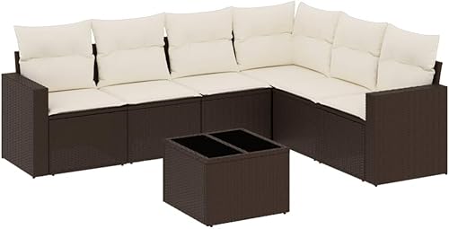 Miniatura 3 de 7 Piece Brown PE Rattan Garden Sofa Set with Powder-Coated Steel Frame and Tempered Glass Table, Modern Outdoor Seating with Cream Cushions for