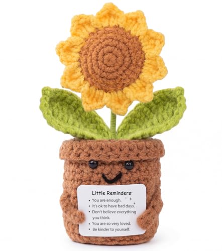 Muñeca de ganchillo de girasol positiva hecha a mano, pequeños recordatorios, regalos de inspiración, salud mental, afirmación diaria, inspiración, citas edificantes, recordatorio, regalo para ella