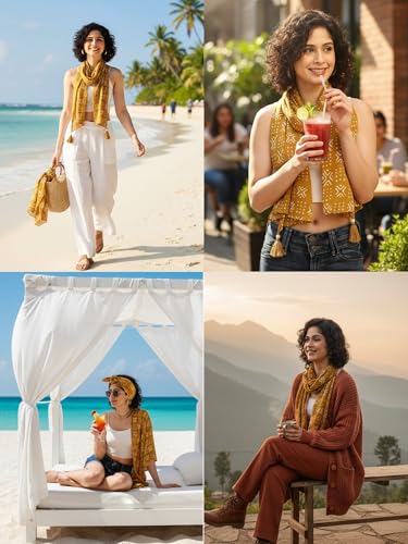 Image of KE KANHA EXPORTS Scarf for Women Boho | Border Print Stylish | Stole for Women Breathable Summer Beach Wrap with Tassels | Multicolour |180 x 50 cm FREE Scrunchie Included