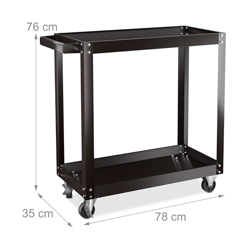 Relaxdays Werkstattwagen, Werkzeugwagen mit 2 Ebenen, mobiler Montagewagen, bis 100 kg, HxBxT: 76 x 78 x 35 cm, schwarz