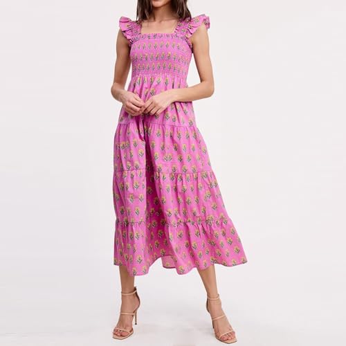 Image of Women Patchwork Dress Y2k Floral Puff Short Sleeve Maxi Dress Summer Boho Smocked Tiered Ruffle Beach Sundress