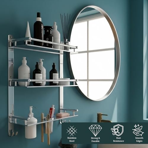 Image of GLOXY Premium Chrome Finish Bathroom Stainless Steel Organizer with Soap Holder, Liquid Soap Dispenser and Toothbrush Holder - 6 in 1 Bathroom Rack Shelf for Home, Office, Hotels & Restaurants