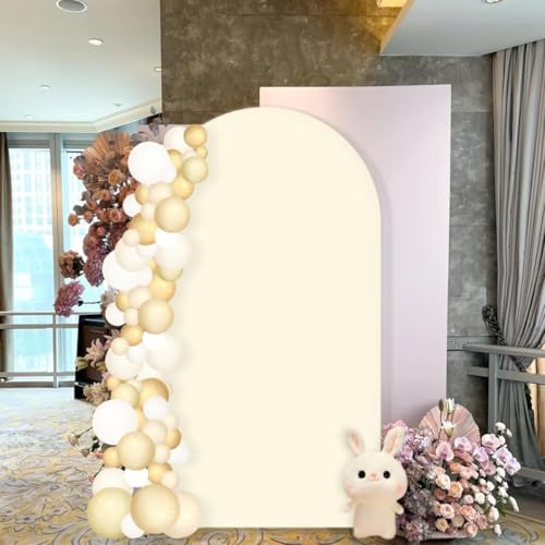 Image of MLMC 7.2FT Arch Backdrop Cover Beige Fitted Spandex Backdrop Stand Cover Stretchy Round Top Chiara Arch Cover for Baby Shower Birthday Party Wedding Ceremony Photography Background Decor 7.2x4FT