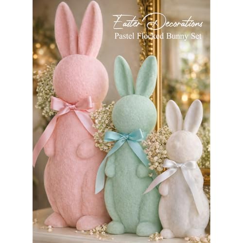 MOREDOTS Easter Decorations - 3 Pack Pastel Flocked Bow-Tied Bunny Set (10', 13', 16') - Spring Table Centerpieces for Indoor Decor - Easter Bunny Figurines Decoration for Home Party Office