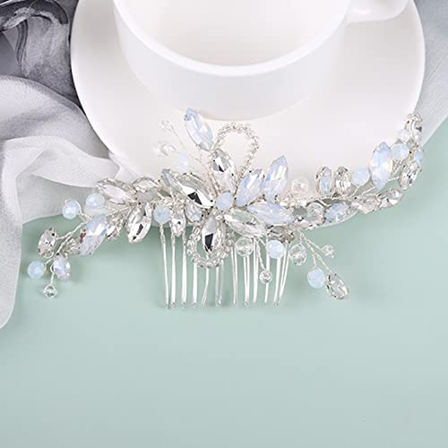 Wedding Hair Accessories, Fanvoes Hair Pieces Comb For Brides Bridal-Silver Vintage Headpiece Clip Barrette Jewelry W/Handmade Flower Rhinestone Light Blue Opal Crystal For Women Girls Bridesmaid #TOP2