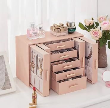 Image of KRISHYAM Large Jewelry Box for Women Jewelry Organizer Case with 9 Drawers for Necklaces Earrings Rings Gift Jewelry Storage Space Saving (Pink)