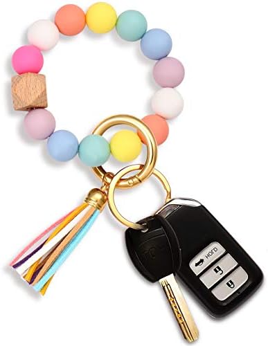 NVENF Silicone Bead Keychain Bracelet Large Keyring Elastic House Car Key Ring Wristlet Bangles(Rainbow)