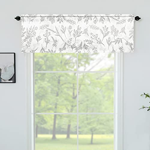 Leaves Floral Printed Valances For Kitchen Windows - Rod Pocket Room Darkening Short Curtain Valances For Dining Living Room/Bedroom/Bathroom/Farmhouse/Laundry/Cafe 1 Panel 52X18 Inches Long, Grey #TOP6