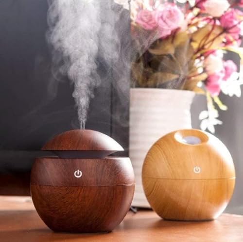 Image of Aroma Diffuser Humidifier with LED Light Ring, Wood Grain Design, USB Powered Mist Diffuser for Essential Oil and Water (Mini Humidifier)