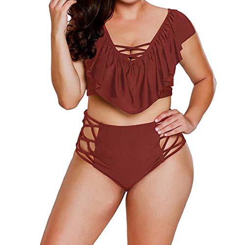 Lencería Sexy Tallas Grandes Color Sólido con Cuello En V Manga Corta con Volantes Bañador,Red Wine,XXXL Cover