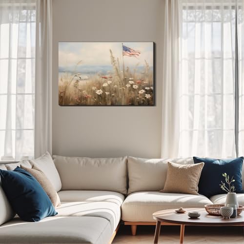 Image of Framed American Flag Wildflower Field Wall Art, Patriotic Rustic Canvas Art Pictures, USA Flag Coastal Meadow Wall Decor, Made in USA Ready to Hang for Living Room Bedroom