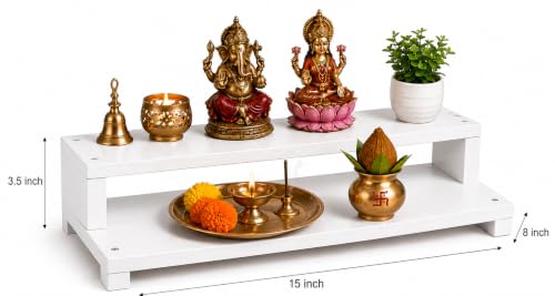 Image of Kamdhenu Wooden Pata Chowki for Pooja |2 Step Pata Chowki Decorative bajot for Sitting Pooja Temple Stool for Mandir| Wooden Bajot Chowki for Temple, Home & Decorative Use (15 x 8 x 3.5 Inch)