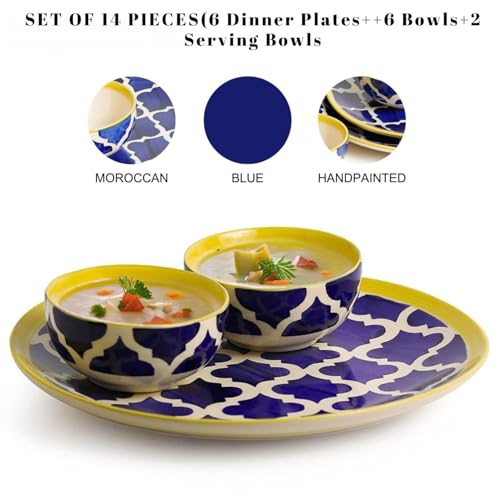 Image of Freakway 14 Piece Ceramic Dinner Set - 6 Dinner Plates, 6 Bowls & 2 Large Serving Bowls | Handcrafted Blue & White Moroccan Pattern Dinnerware Set for Dining & Serving