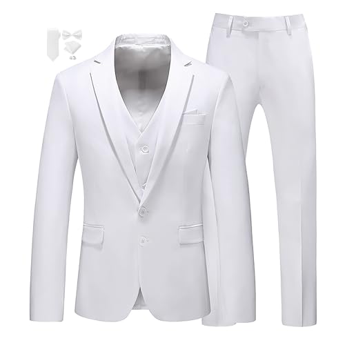 MOGU Men Suit 3 Piece Slim Fit White Black Tuxedos for Prom Wedding US Size 38 Jacket/34 Pants White
