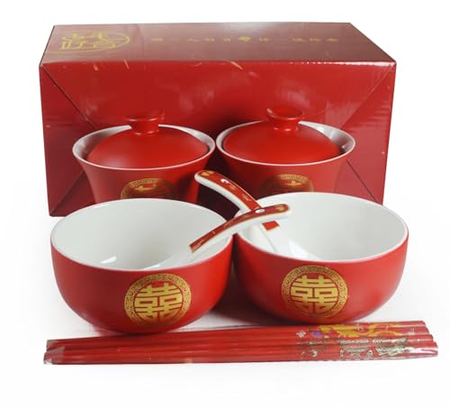 Image of Liang baobao Chinese Tableware Tea Gift 2 Set Gaiwan Bowl Spoon Porcelain Double Happiness for Adults Men Women Couple Wedding Party (Double Happiness)