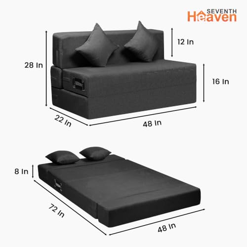 Image of Seventh Heaven Rejioce 2 Seater 4 * 6 Jute Fabric Washable Cover Sofa Cum Bed with 2 Cushions 2 Seater Double Foam Fold Out Sofa Cum Bed (Finish Color - Dark Grey Delivery Condition - Pre-Assembled)