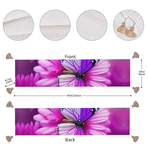 Chemin de table rustique en lin imprimé papillon violet aux finitions premium