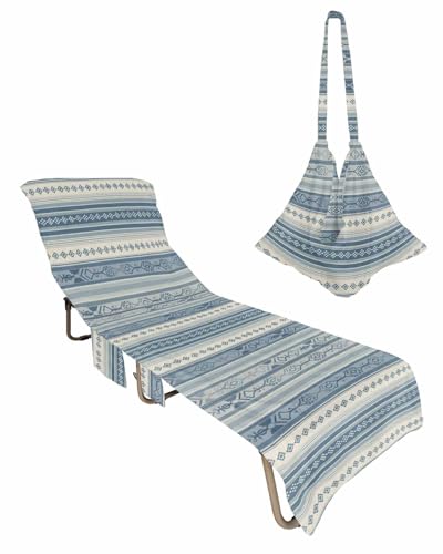 Blue Geometric Beach Lounge Chair Towel Cover, Soft Chaise Lounge Towel with Side Pockets Patio Pool Chairs Cover for Beach/Pool Sunbathing 29x85 Modern Abstract Art Vintage Boho
