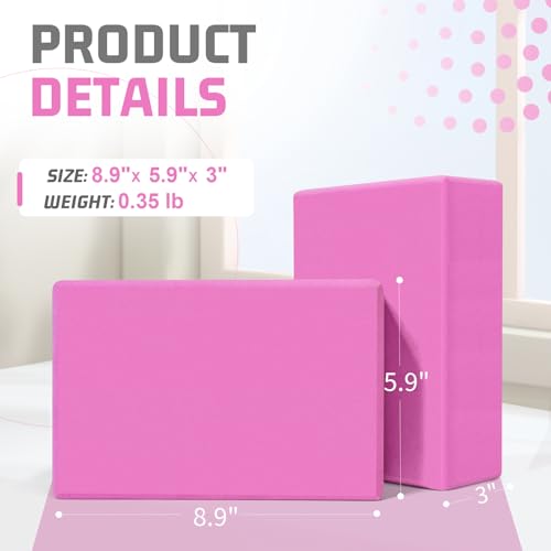Yoga Blocks 2 Pack, EVA Foam Yoga Block Supportive, Non-Slip Exercise Blocks, Yoga Accessories for Pilates, Meditation, Balance, Stretching and Deep Poses (Magenta)