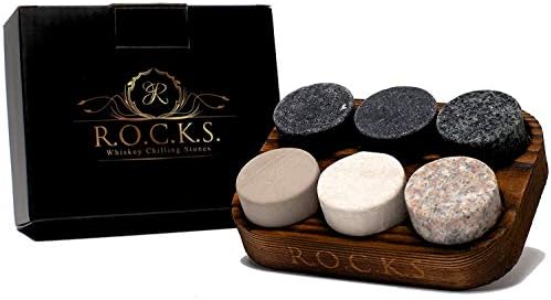 Whiskey Chilling Stones - Set of 6 Handcrafted Premium Granite Round Sipping Rocks - Hardwood Presentation & Storage Tray by R.O.C.K.S.
