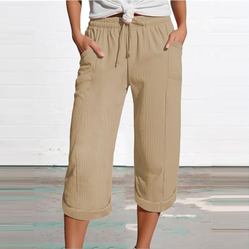 Summer Pants for Women 2025 Elastic Waist Loose Fit Casual Cropped Trouser Beach Cotton Linen Sport Lightweight Capris2
