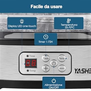 YASHE GGJ-261B Essiccatore Alimentare con Display a LED, Controllo della Temperatura da 35 a 70°C e Timer da 72 Ore, 5 Vassoi Regolabili in Altezza, Essiccatore Frutta e Verdura, 240 Watt, Senza BPA