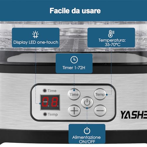 YASHE GGJ-261B Essiccatore Alimentare con Display a LED, Controllo della Temperatura da 35 a 70°C e Timer da 72 Ore, 5 Vassoi Regolabili in Altezza, Essiccatore Frutta e Verdura, 240 Watt, Senza BPA - Immagine 1
